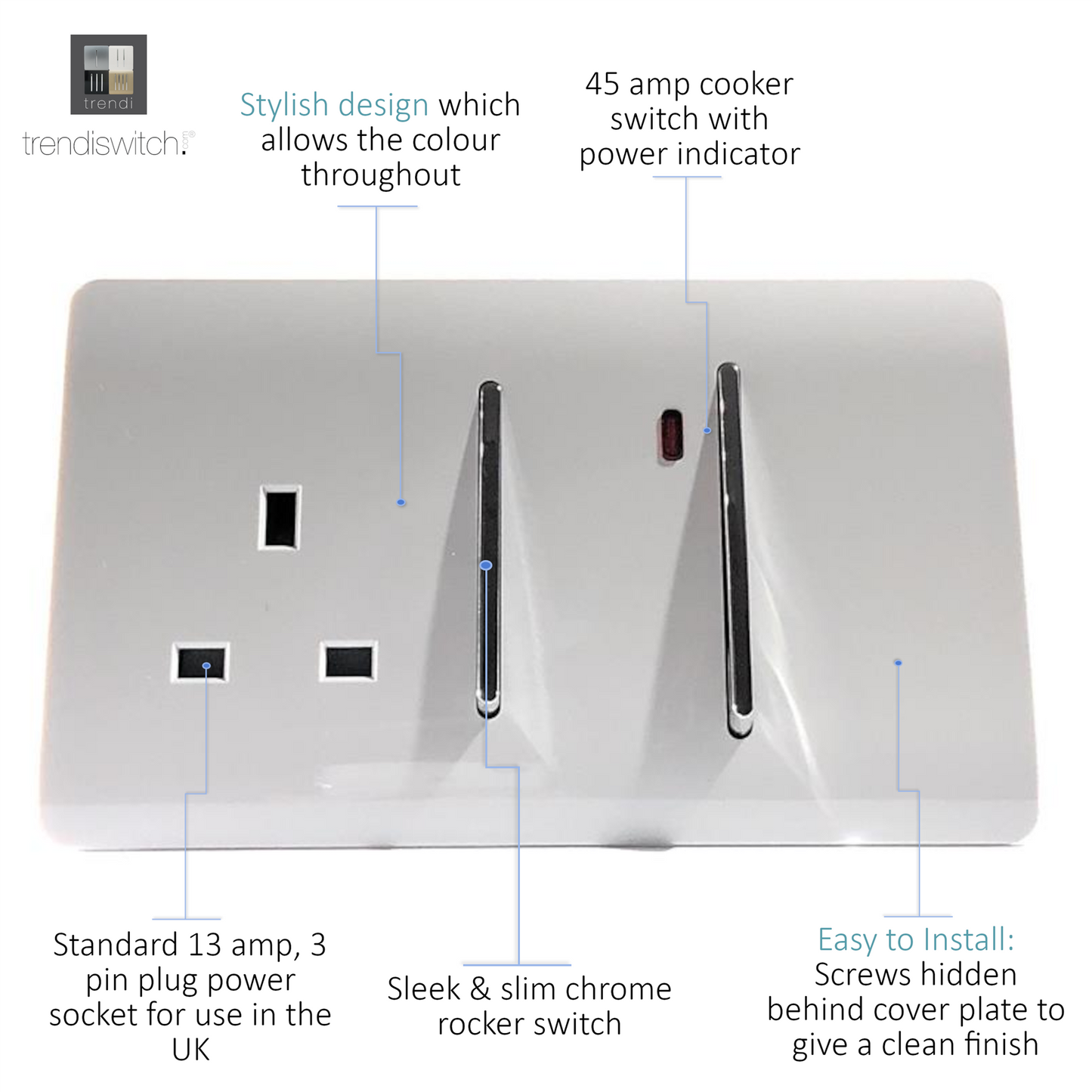 Trendi Artistic Modern 45 A Cooker Switch Inc Plug Socket & Neon Insert White