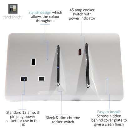 Trendi Artistic Modern 45 A Cooker Switch Inc Plug Socket & Neon Insert White