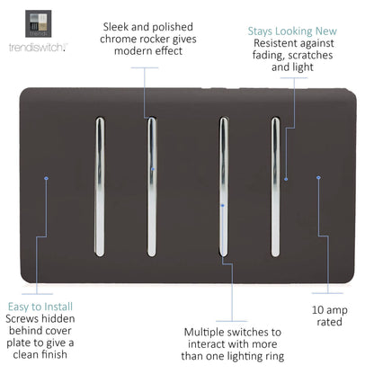 Trendi Artistic Modern Glossy 4 Gang 2 Way Rocker Double Plate Tactile Light Switch Dark Brown