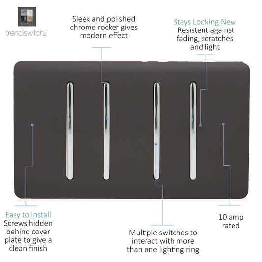 Trendi Artistic Modern Glossy 4 Gang 2 Way Rocker Double Plate Tactile Light Switch Dark Brown