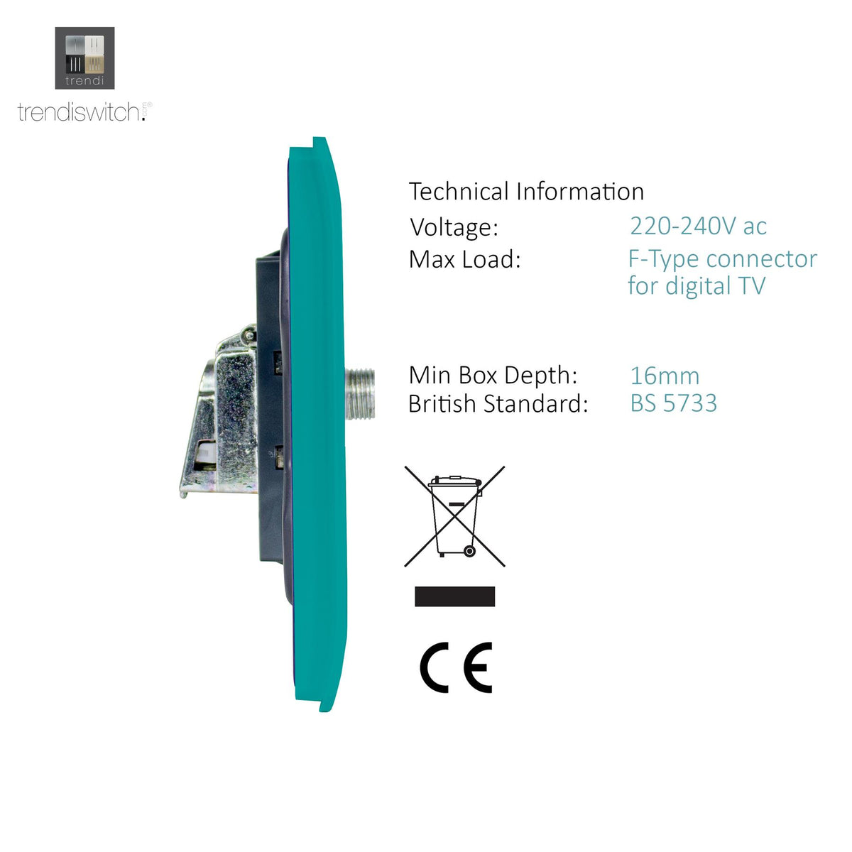 Trendi Switch Bright Teal TV Coaxial & F-Type Satellite Socket - Screwless