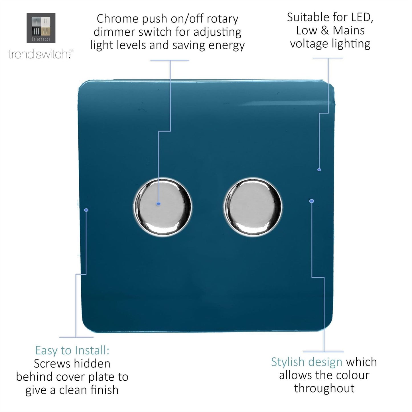 Trendi 2 Gang 2 Way 240V 100w LED Dimmer Screwless Raised Front Plate Plastic Artistic Modern Glossy 10 Amp Chrome Single Electrical Wall Light Switch in Midnight Blue - ART-2LDMMD