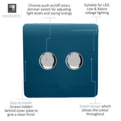 Trendi 2 Gang 2 Way 240V 100w LED Dimmer Screwless Raised Front Plate Plastic Artistic Modern Glossy 10 Amp Chrome Single Electrical Wall Light Switch in Midnight Blue - ART-2LDMMD