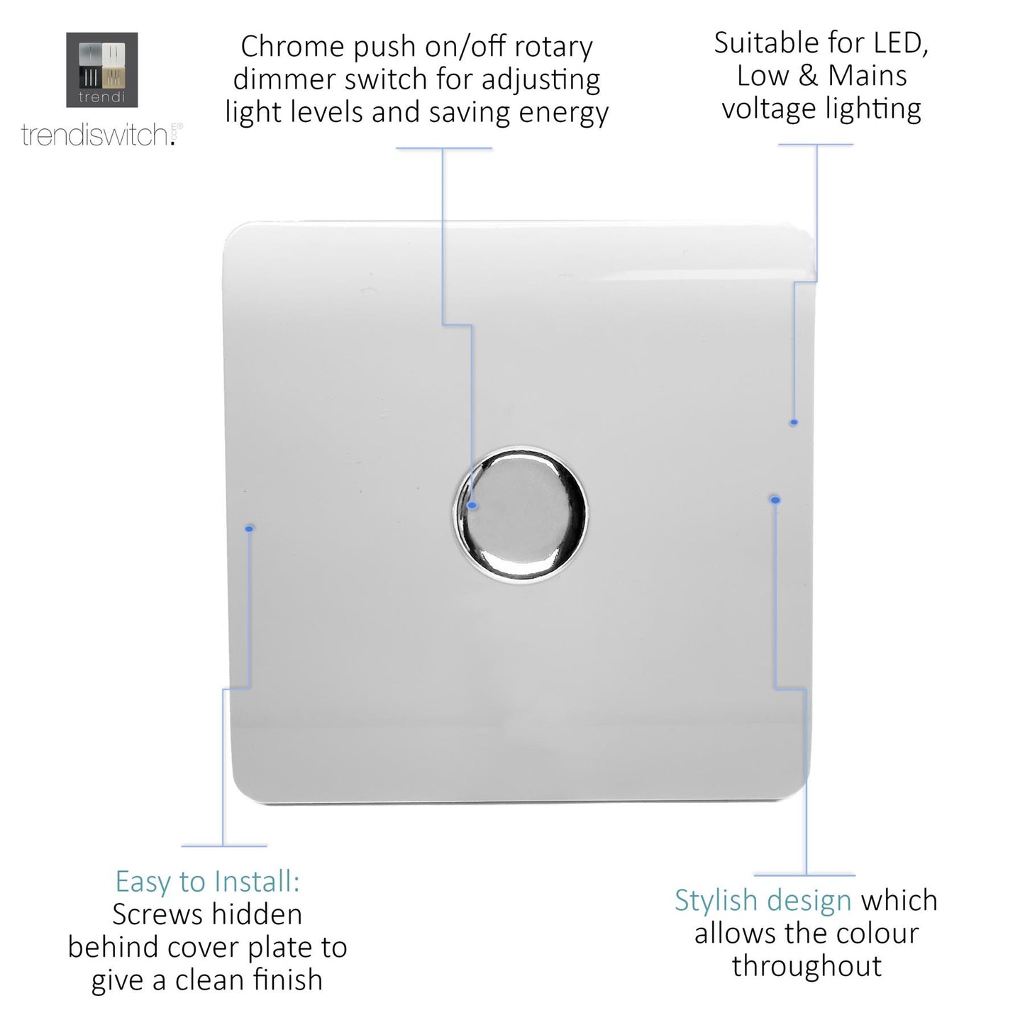 Trendi 1 Gang 2 Way 100w LED Dimmer Screwless 10 Amp Wall Light Switch in Matt White - ART-LDMMWH