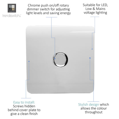 Trendi 1 Gang 2 Way 100w LED Dimmer Screwless 10 Amp Wall Light Switch in Matt White - ART-LDMMWH
