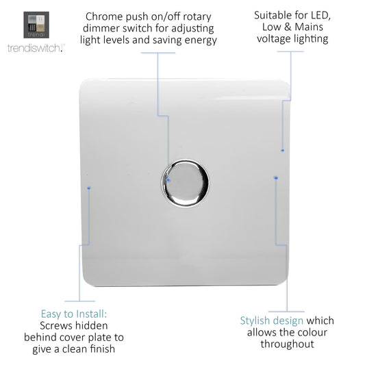 Trendi 1 Gang 2 Way 100w LED Dimmer Screwless 10 Amp Wall Light Switch in Matt White - ART-LDMMWH