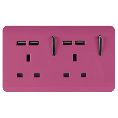 Trendi 2 Gang Artistic Modern Glossy 13 Amp 4x2.1mA USB Switched Tactile Plug Socket Pink