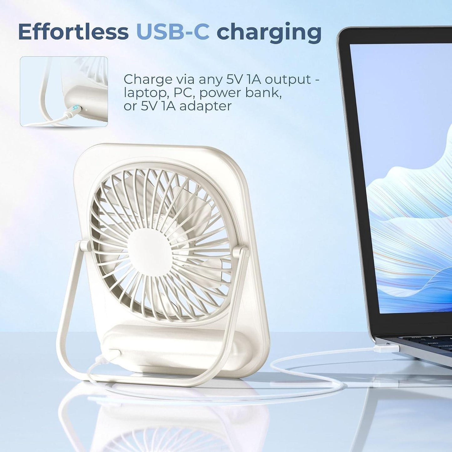 OOZZ Ultrathin Desktop Fan, Portable Slim Personal Fan with Adjustable stand, Stepless Speed Control Knob, USB-C Rechargeable Battery, Quiet Cooling for Office & Travel, OZ-4121 (White)