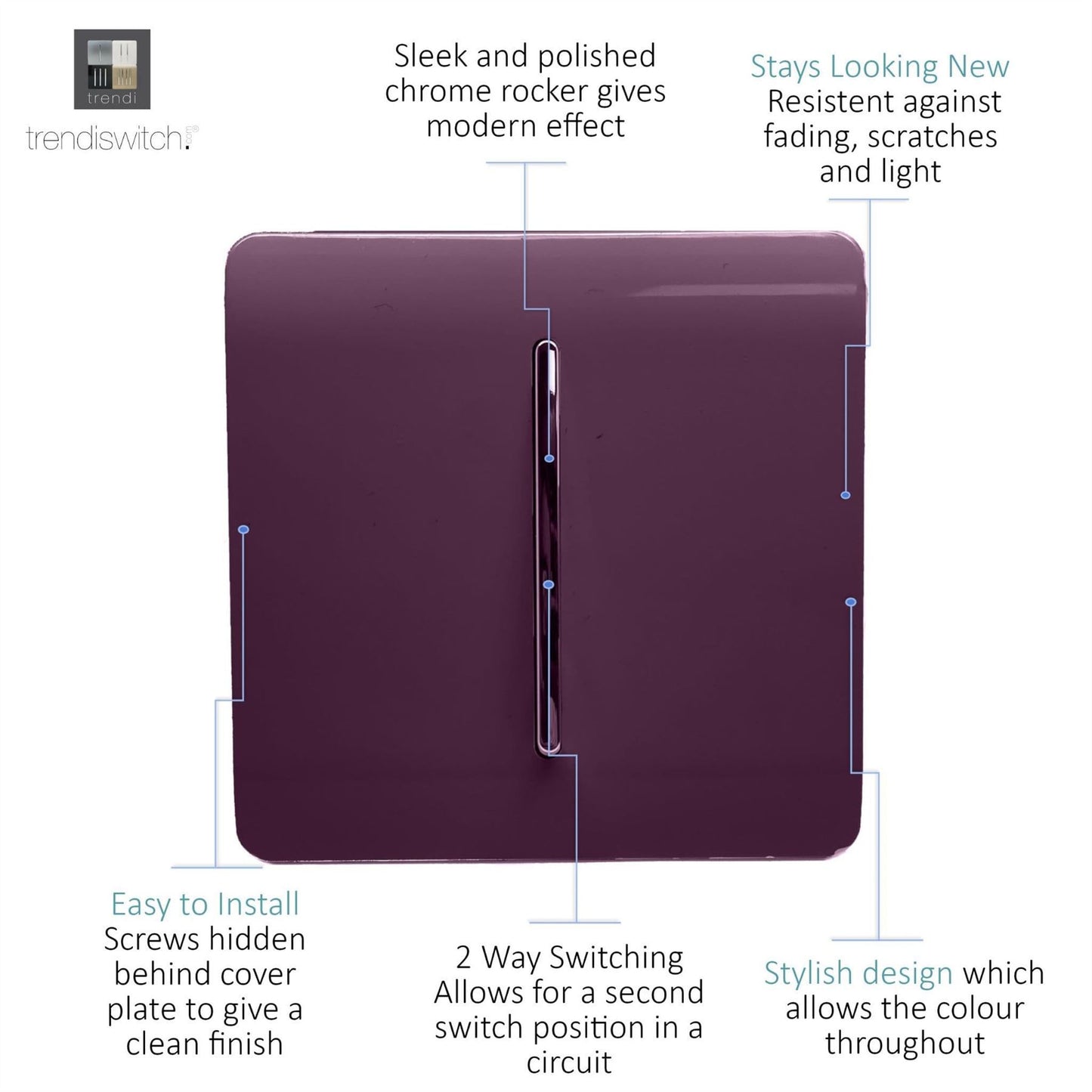 Trendi 1 Gang 2 Way 10 Amp Rocker Chrome Light Switch Glossy Plum
