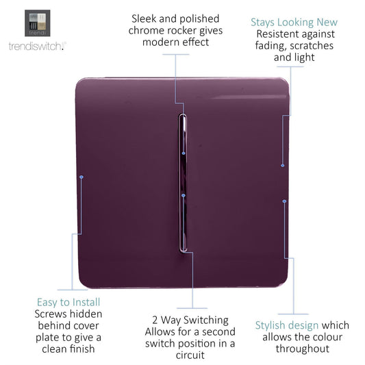 Trendi 1 Gang 2 Way 10 Amp Rocker Chrome Light Switch Glossy Plum