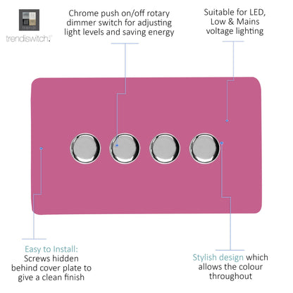 Trendi 4 Gang 2 Way 240V 100w LED Dimmer Screwless Raised Front Plate Plastic Artistic Modern Glossy 10 Amp Chrome Single Electrical Wall Light Switch in Candy Pink - ART-4LDMPK