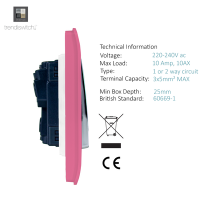 Trendi 2 Gang 2 Way 240V Screwless Artistic Modern Glossy 10 Amp Chrome Rocker Electrical Wall Light Switch in Candy Pink (2 pack)
