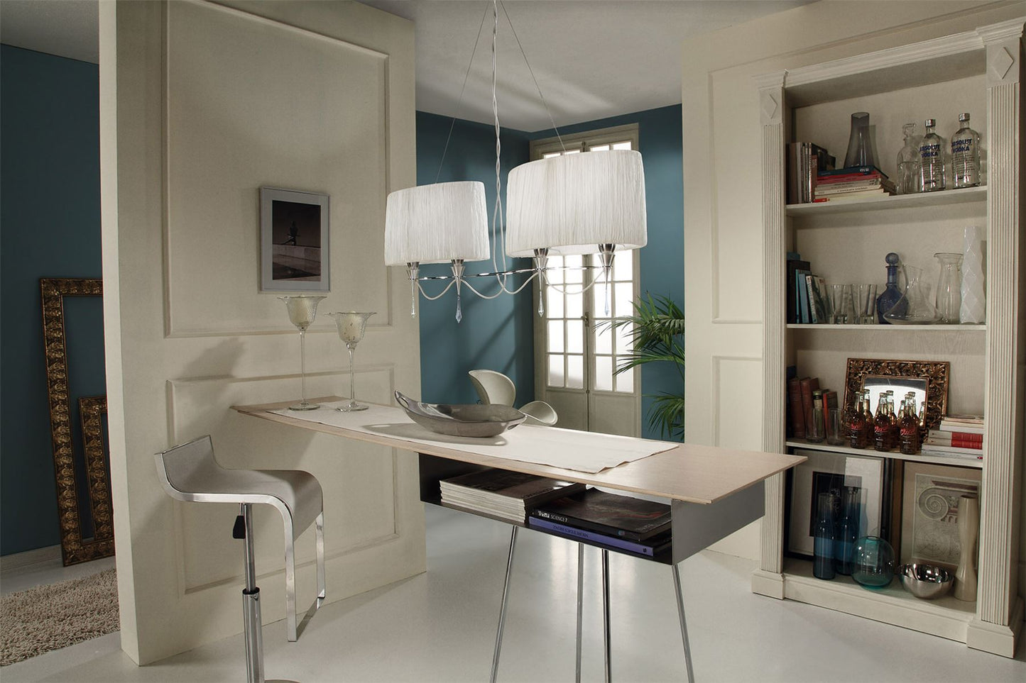 Mantra Lucca Linear Pendant 2 Arm 4 Light E27 Line, Polished Chrome with White Shades & Clear Crystal