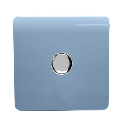 Trendi 1 Gang 2 Way 240V 100w LED Dimmer Screwless Raised Front Plate Plastic Artistic Modern Glossy 10 Amp Chrome Single Electrical Wall Light Switch in Sky - ART-LDMSK