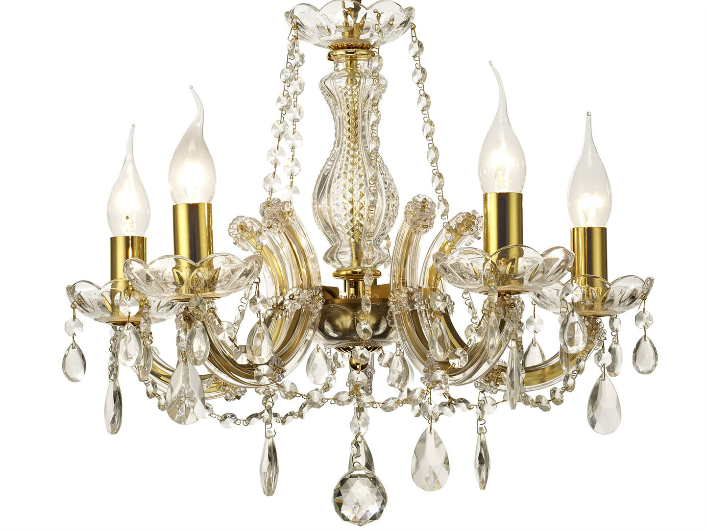 Deco Gabrielle Chandelier with Glass Sconce & Glass Crystal Droplets 5 Light E14 Polished Brass Finish