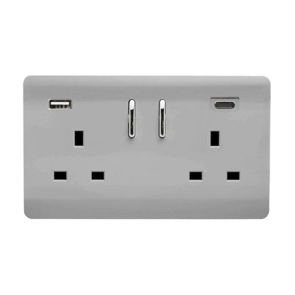 Trendi 2 Gang Artistic Modern Glossy 13 Amp 2 x Type A & C 3100mA USB Switched Plug Socket Brushed Steel