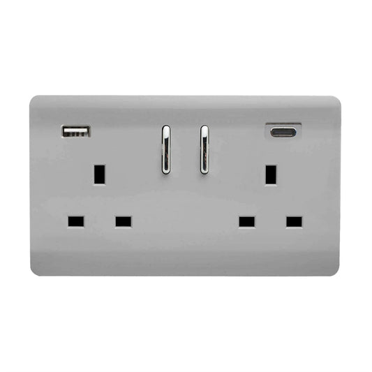 Trendi 2 Gang Artistic Modern Glossy 13 Amp 2 x Type A & C 3100mA USB Switched Plug Socket Brushed Steel