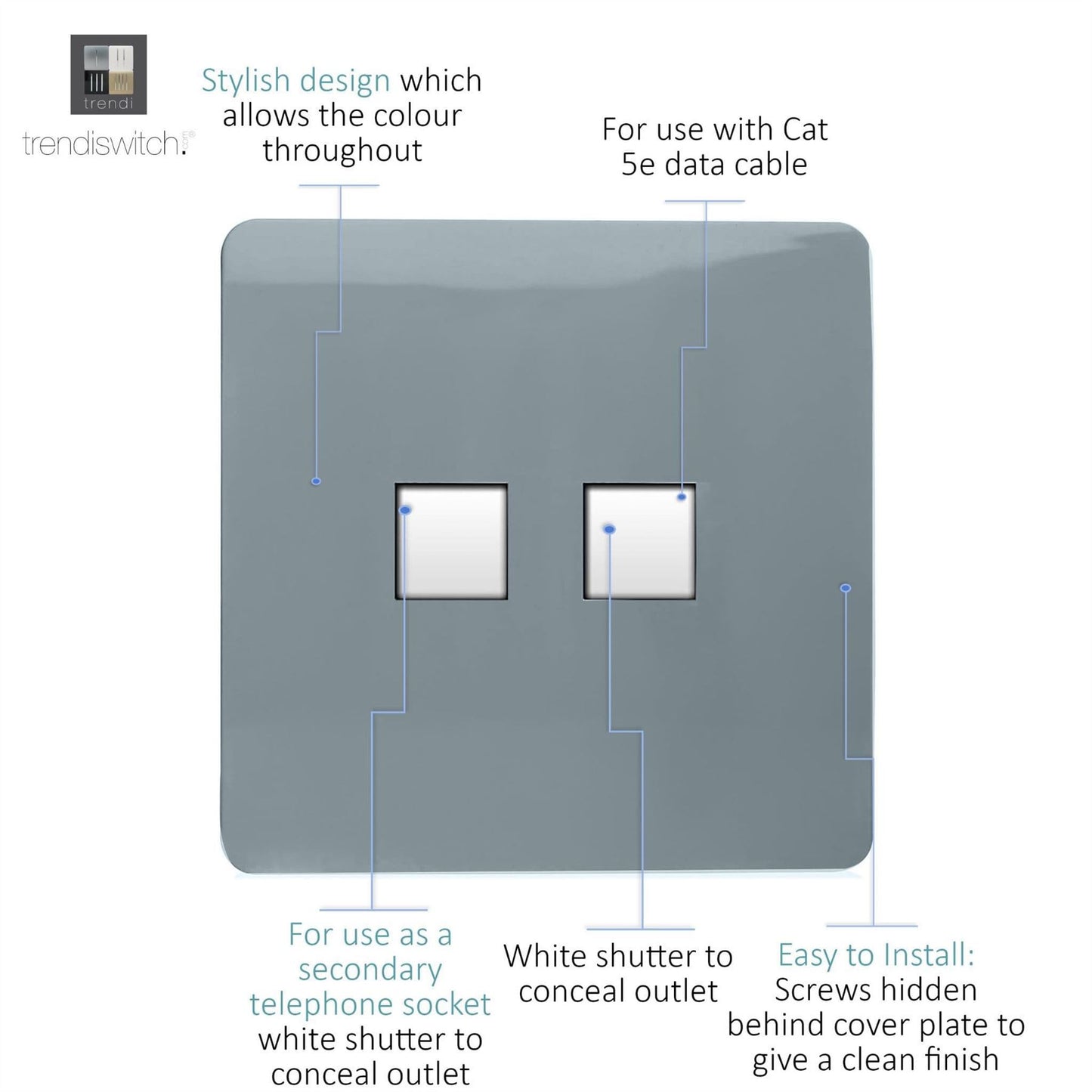 Trendi Artistic Modern Glossy Tactile Telephone Socket + Cat 5e&Cat 6 RJ45 PC Socket Cool Grey