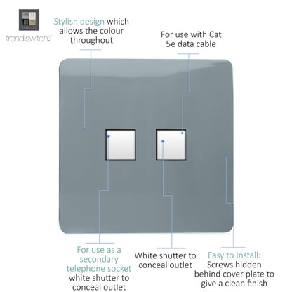 Trendi Artistic Modern Glossy Tactile Telephone Socket + Cat 5e&Cat 6 RJ45 PC Socket Cool Grey