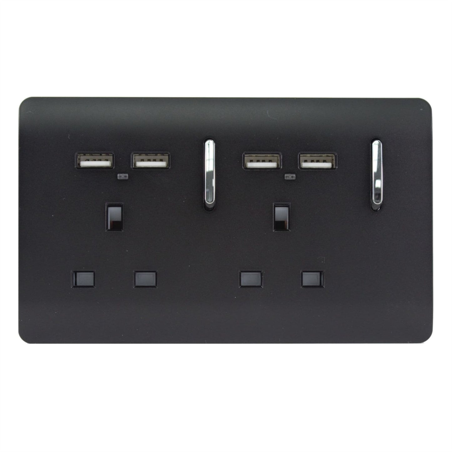 Trendi 2 Gang 13 Amp 4 x 2.1mA USB Switched Plug Socket Matt Black
