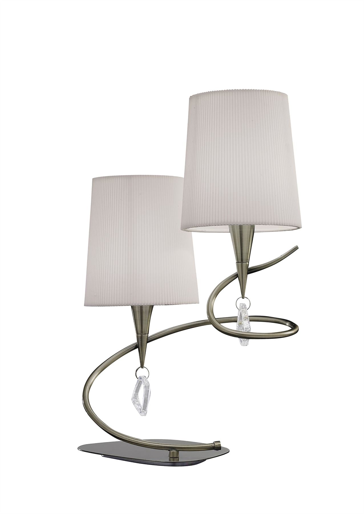 Mantra Mara Table Lamp 2 Light E14, Antique Brass with Ivory White Shades