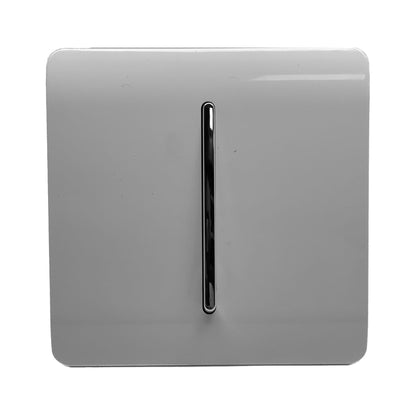 Trendi 1 Gang 2 Way 240V Screwless Raised Front Plate Plastic Artistic Modern Glossy 10 Amp Chrome Rocker Single Electrical Wall Light Switch in Light Grey