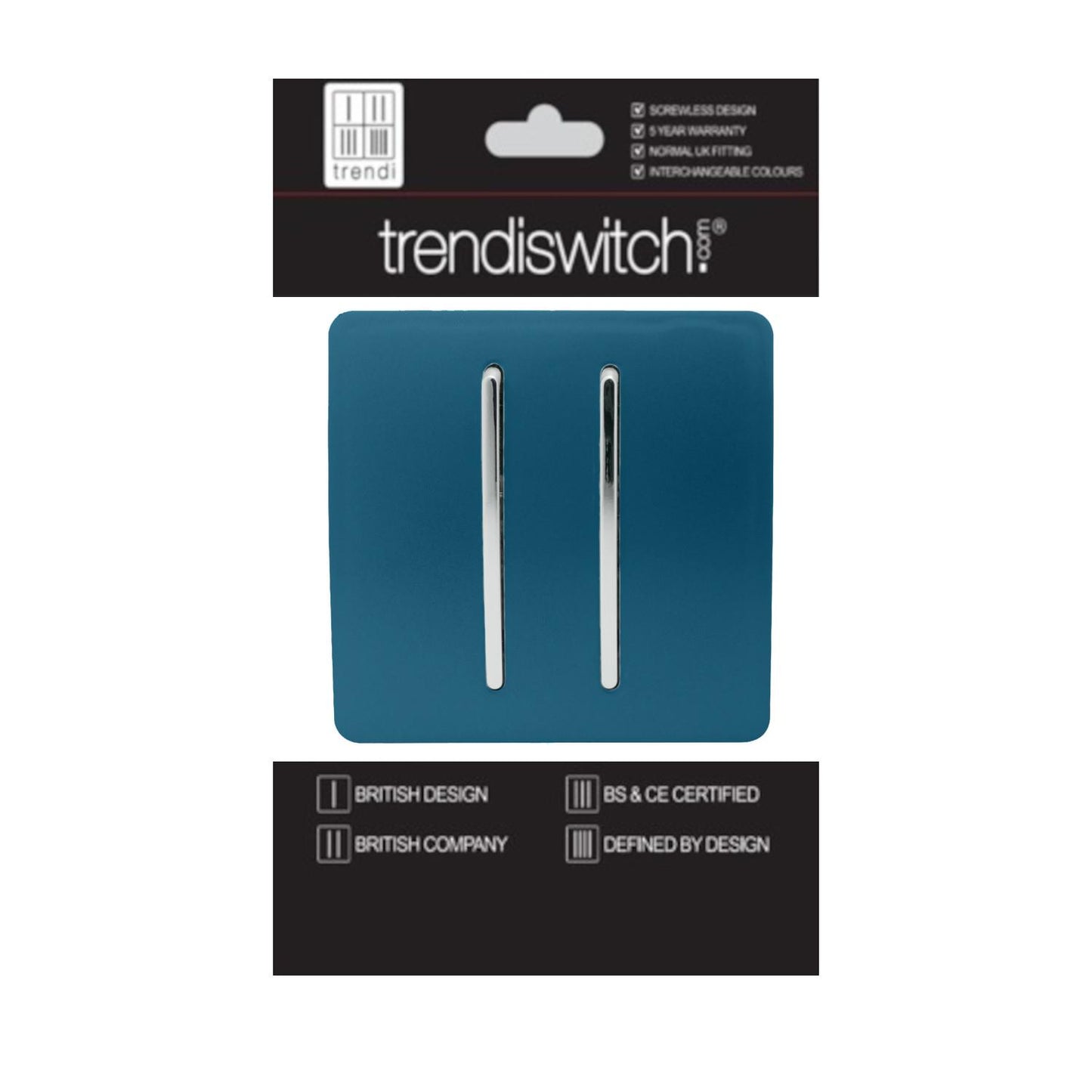 Trendi 2 Gang 2 Way 240V Screwless Artistic Modern Glossy 10 Amp Chrome Rocker Electrical Wall Light Switch in Midnight Blue (2 pack)