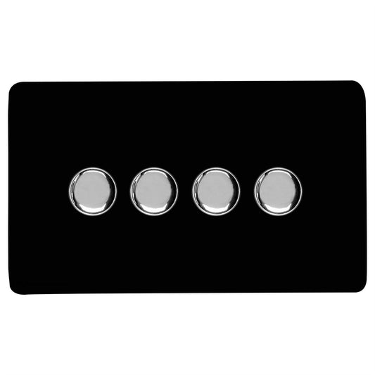 Trendi 4 Gang 2 Way 240V 100w LED Dimmer Screwless Raised Front Plate Plastic Artistic Modern Glossy 10 Amp Chrome Single Electrical Wall Light Switch in Piano Black - ART-4LDMBK