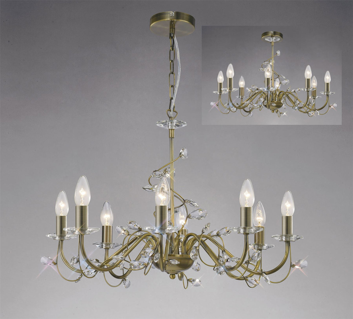 Diyas Willow 64cm  WITHOUT SHADE 8 Light E14 Antique Brass/Crystal Ceiling Pendant Light Fitting