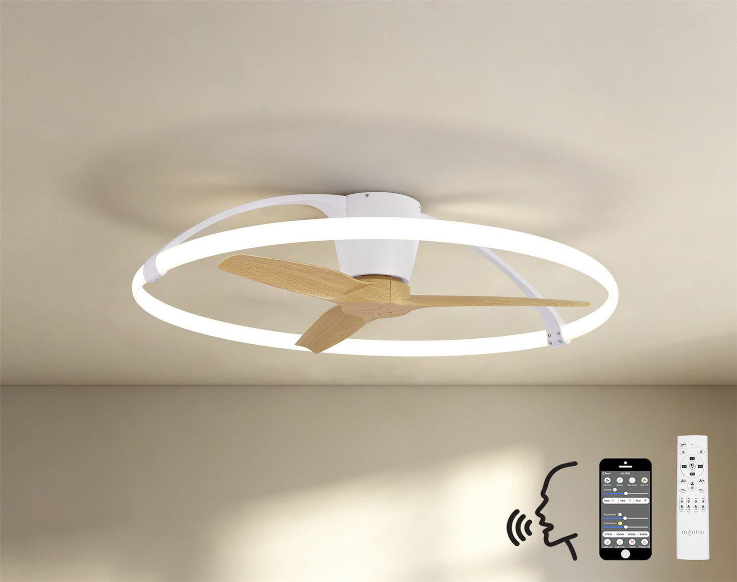 Nepal 105cm 75W LED Dimmable Ceiling Light With Built-In 35W DC Reversible Fan, White/Wood Finish c/w Remote, APP & Alexa/Google Voice Control, 7200lm