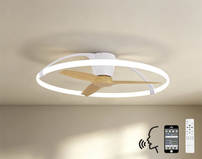 Nepal 105cm 75W LED Dimmable Ceiling Light With Built-In 35W DC Reversible Fan, White/Wood Finish c/w Remote, APP & Alexa/Google Voice Control, 7200lm