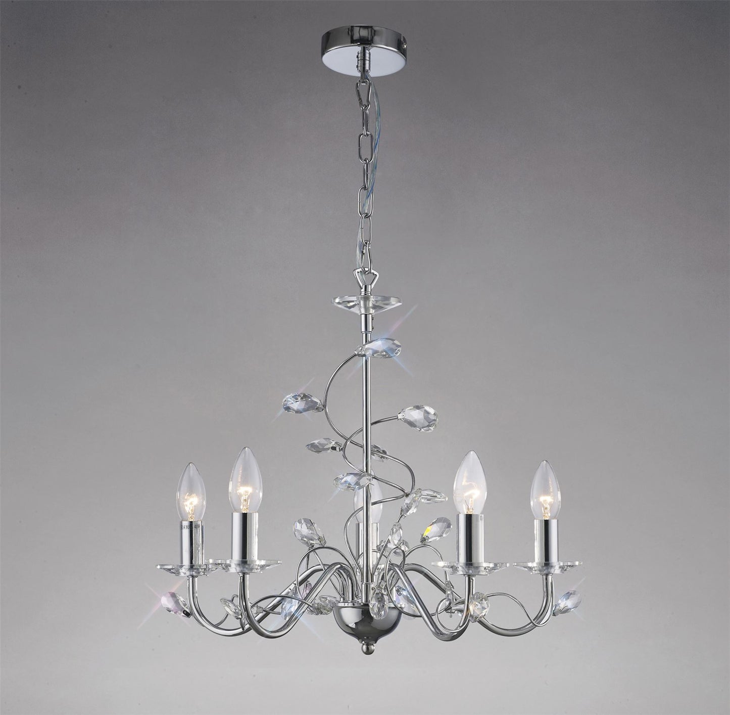 Diyas Willow 50cm  WITHOUT SHADE 5 Light E14 Polished Chrome/Crystal Ceiling Pendant Light Fitting