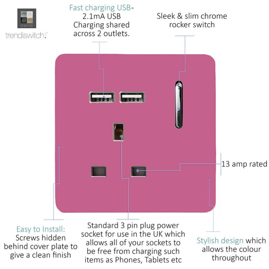 Trendi 1 Gang Artistic Modern Glossy 13 Amp 2x2.1mA USB Switched Tactile Pink
