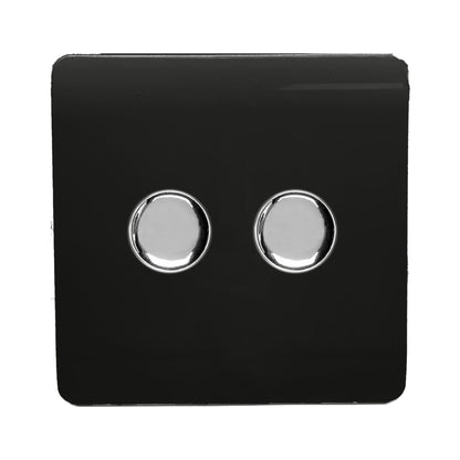Trendi 2 Gang 2 Way 240V 100w LED Dimmer Screwless Raised Front Plate Plastic Artistic Modern Glossy 10 Amp Chrome Single Electrical Wall Light Switch in Piano Black - ART-2LDMBK