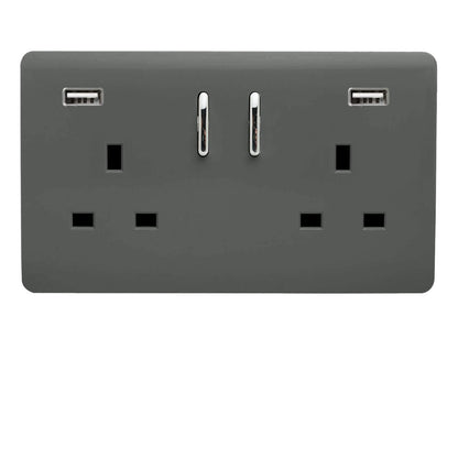 Trendi 2 Gang Artistic Modern Glossy 13 Amp 2 x 3.1mA USB Switched Plug Socket Charcoal