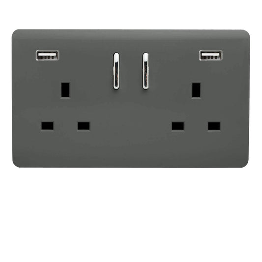 Trendi 2 Gang Artistic Modern Glossy 13 Amp 2 x 3.1mA USB Switched Plug Socket Charcoal