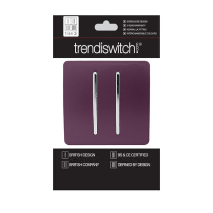 Trendi 2 Gang 2 Way 240V Screwless Artistic Modern Glossy 10 Amp Chrome Rocker Electrical Wall Light Switch in Plum Purple (2 pack)