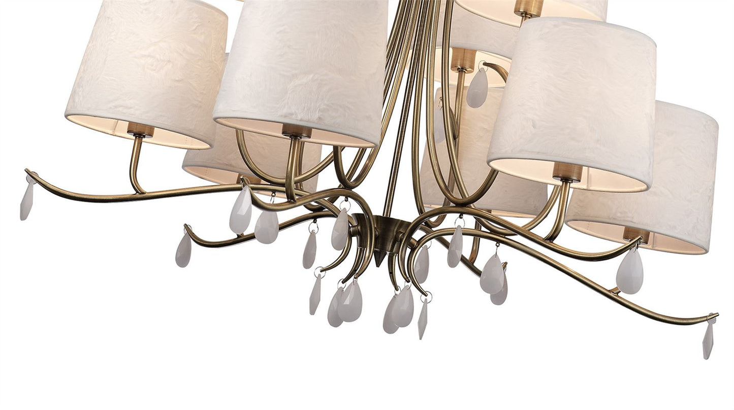 Mantra M6331 Andrea Pendant 88cm Round, 6+3 x E14 (Max 20W), Antique Brass, White Shades, White Crystal Droplets
