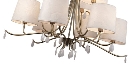 Mantra M6331 Andrea Pendant 88cm Round, 6+3 x E14 (Max 20W), Antique Brass, White Shades, White Crystal Droplets