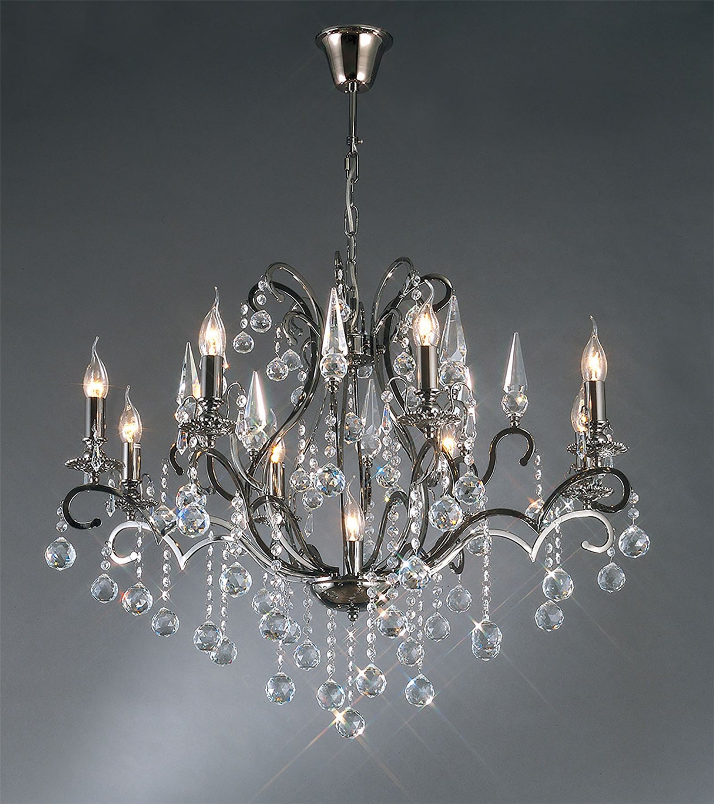 Diyas Pescara 85cm  Round 9 Light E14 Black Chrome/Crystal Ceiling Pendant Light Fitting