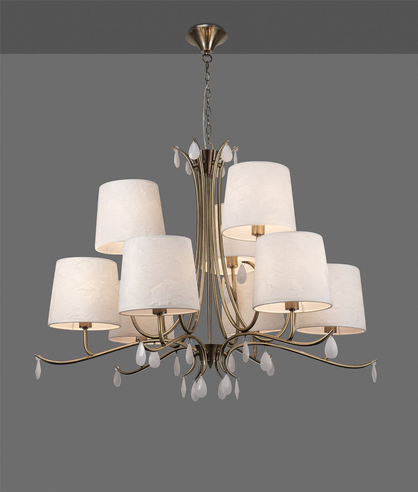 Mantra M6331 Andrea Pendant 88cm Round, 6+3 x E14 (Max 20W), Antique Brass, White Shades, White Crystal Droplets