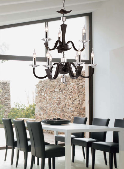 Diyas Nardini 65cm  2 Tier 9 Light E14 Polished Chrome Dark Brown Faux Leather/Crystal Ceiling Pendant Light Fitting