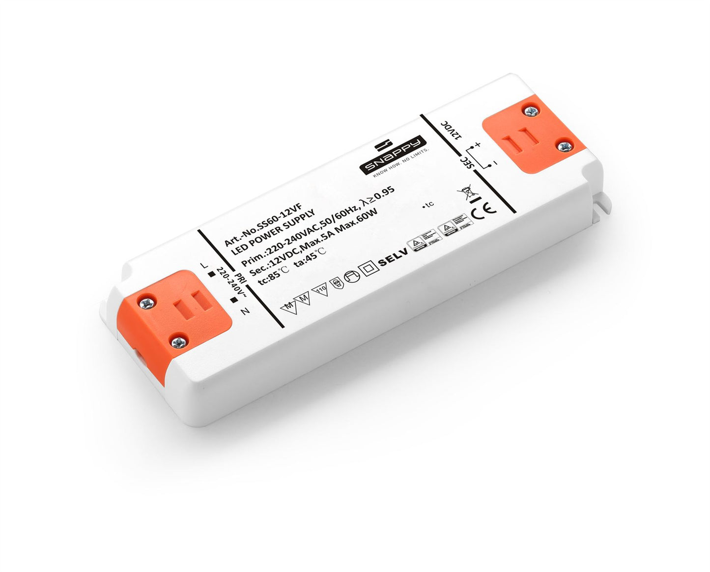 Snappy SS, 60W, Constant Voltage Non Dimmable PC LED Driver, 12VDC, IP20, Screw Connection, 3 yrs Warranty.