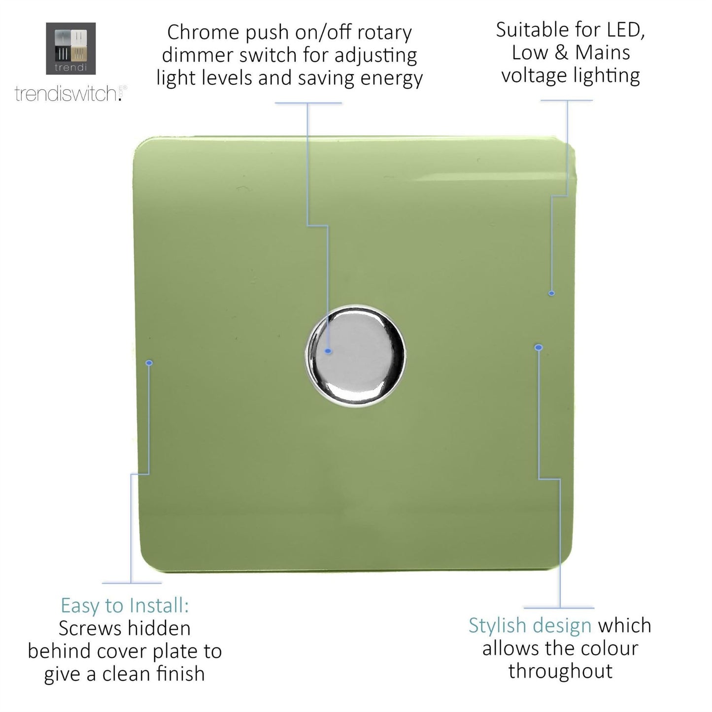 Trendi 1 Gang 2 Way 240V 100w LED Dimmer Screwless Raised Front Plate Plastic Artistic Modern Glossy 10 Amp Chrome Single Electrical Wall Light Switch in Moss Green - ART-LDMMG