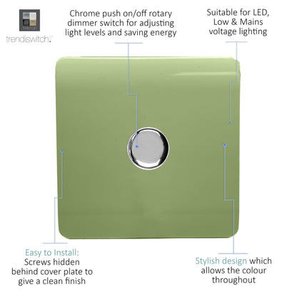 Trendi 1 Gang 2 Way 240V 100w LED Dimmer Screwless Raised Front Plate Plastic Artistic Modern Glossy 10 Amp Chrome Single Electrical Wall Light Switch in Moss Green - ART-LDMMG