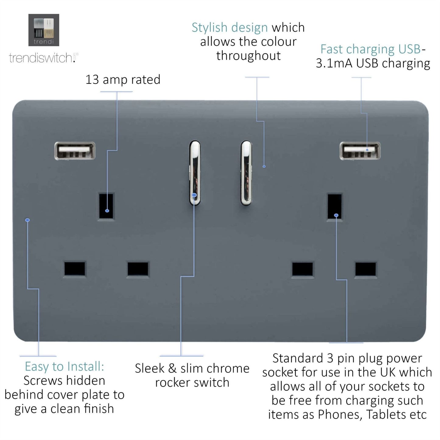 Trendi 2 Gang Artistic Modern Glossy 13 Amp 2 x 3.1mA USB Switched Plug Socket Warm Grey