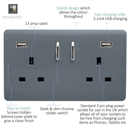 Trendi 2 Gang Artistic Modern Glossy 13 Amp 2 x 3.1mA USB Switched Plug Socket Warm Grey