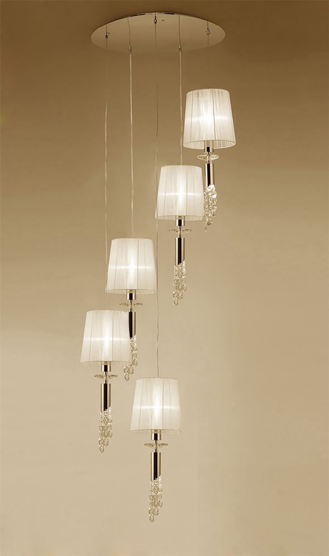 Mantra Tiffany 60cm Pendant 5+5 Light E27+G9 Spiral, French Gold with Cream Shades & Clear Crystal