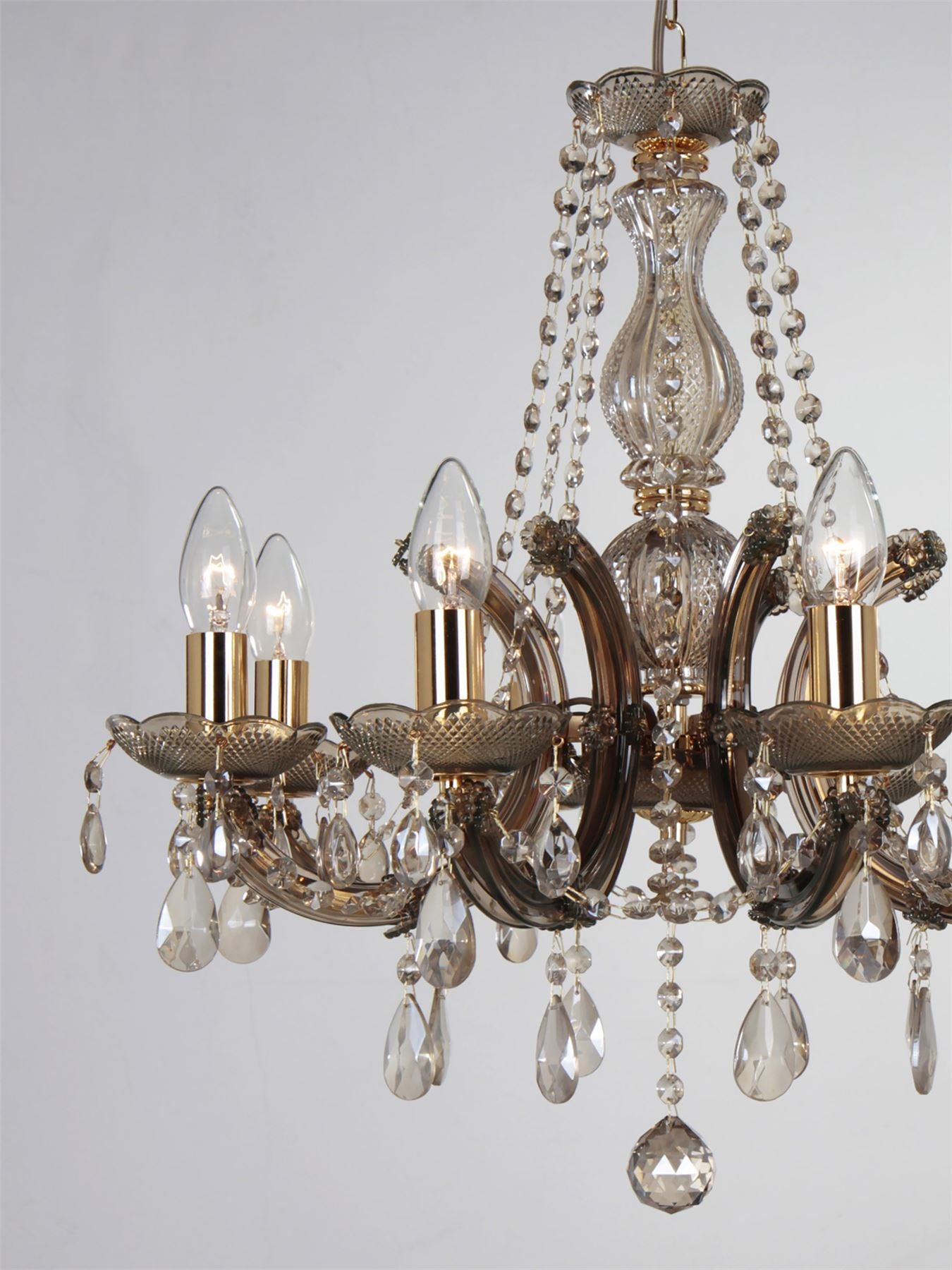Deco Gabrielle Chandelier with Acrylic Sconce & Glass Droplets 8 Light E14 Mink Finish