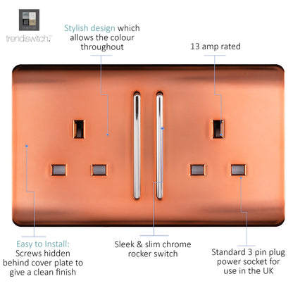 Trendi 2 Gang Artistic Modern Glossy 13 Amp Switched Tactile Plug Socket Copper (3 Pack)